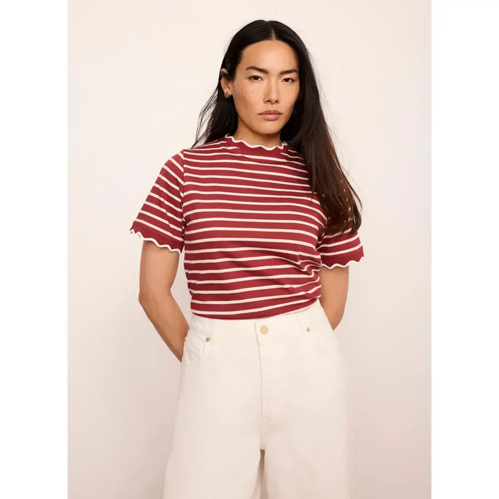 Mint Velvet Brown Cotton Striped Scallop Trim T